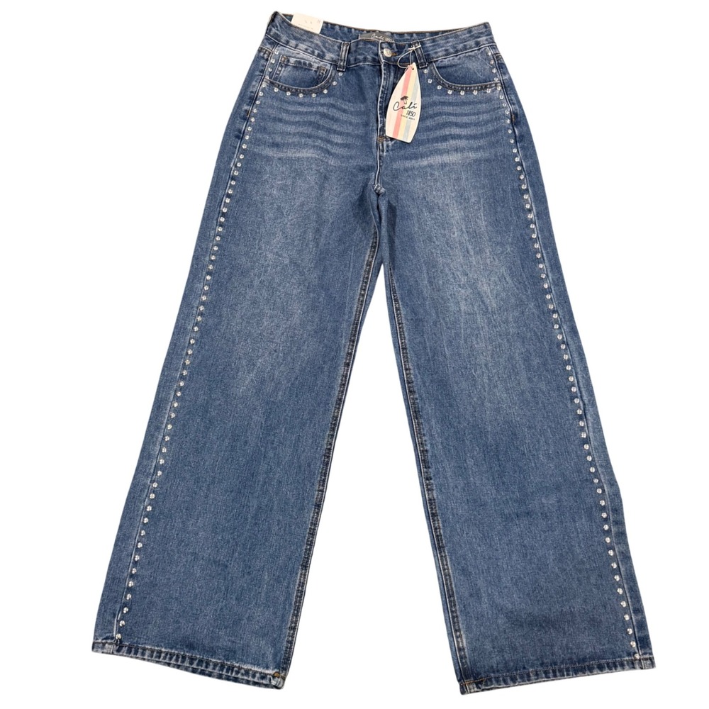 Cali 1850 Womens Rhinestone Studded Wide Leg Jeans Medium Wash Blue Size 11 NWT